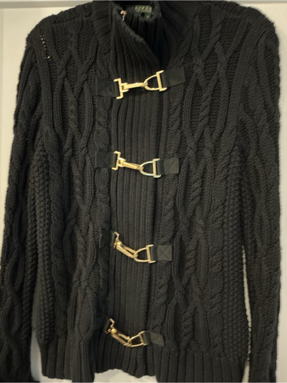 Lauren Ralph Lauren Black Cable-Knit Sweater with Fireman Gold Toggles, Medium - Picture 3 of 8